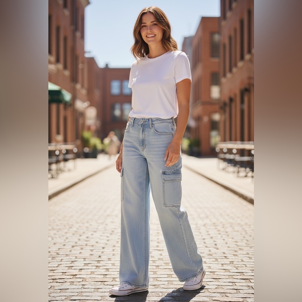 Vervet Wide Leg Cargo Jeans Women Light Wash High Rise Baggy Denim NWOT